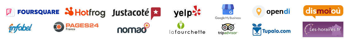 Foursquare, HotFrog, Justacoté, Yelp,Google My Business, Infobel, Pages24, Les Horaires, Nomao, La Fourchette, Tripadvisor, Tupalo